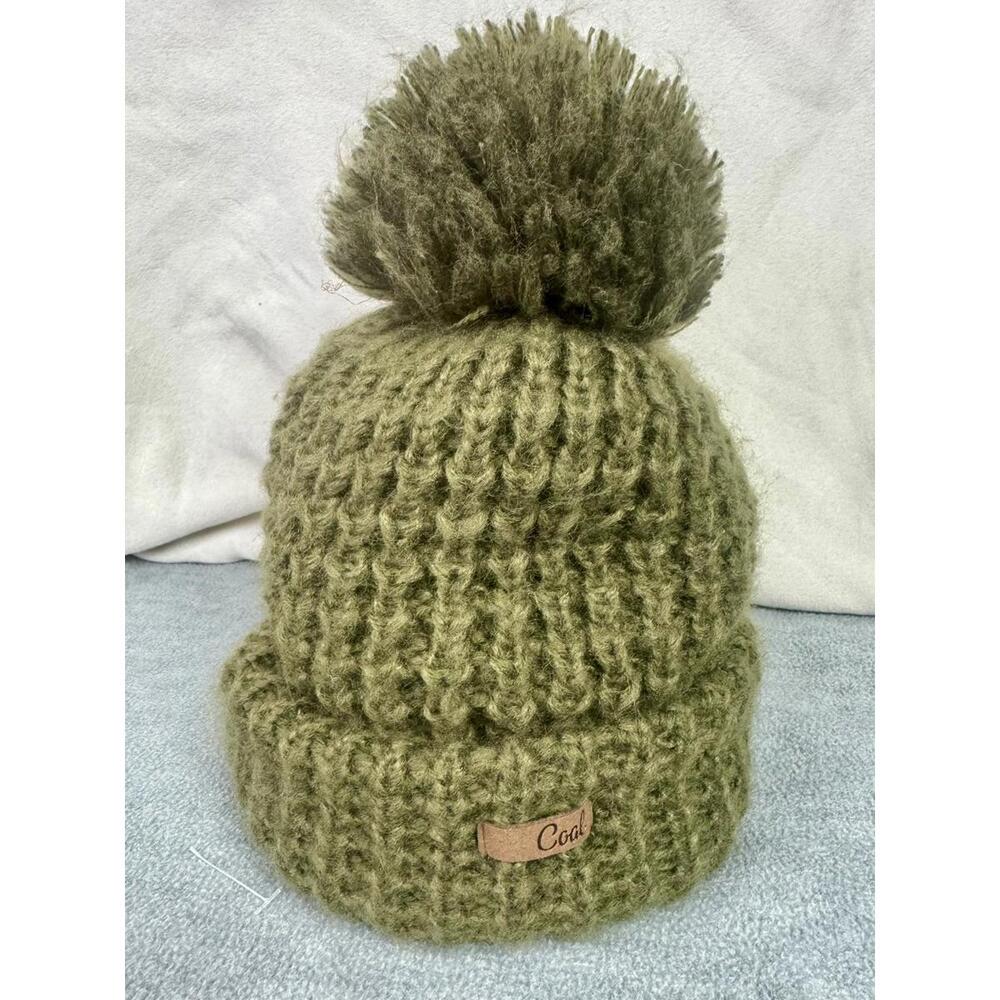 coal pom pom beanie olive green chunky knit winter hat cozy‎ cuff cap